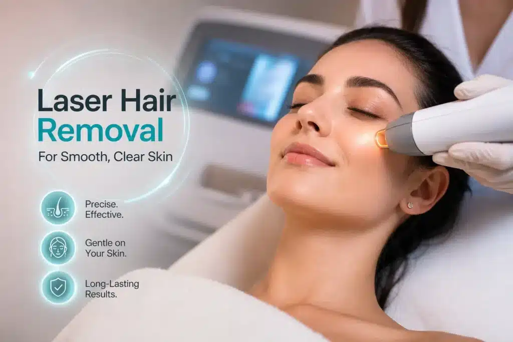 Professional facial laser hair removal treatment performed by a qualified practitioner using advanced technology, showing a relaxed woman with smooth, glowing skin.