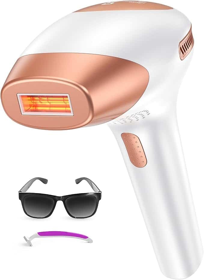 At‑home IPL hair removal device with rose‑gold accents, shown with protective glasses and a razor for pre‑treatment preparation.