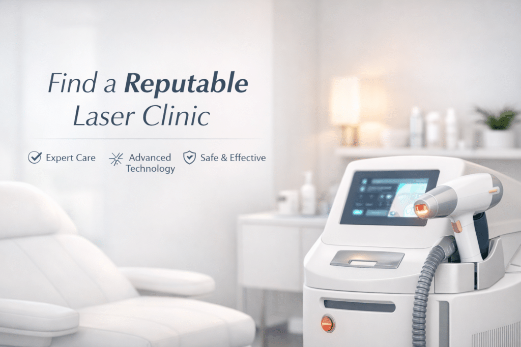 Modern laser clinic interior featuring a professional diode laser device and text reading “Find a Reputable Laser Clinic,” symbolising expert care, advanced technology, and safe, effective treatments.