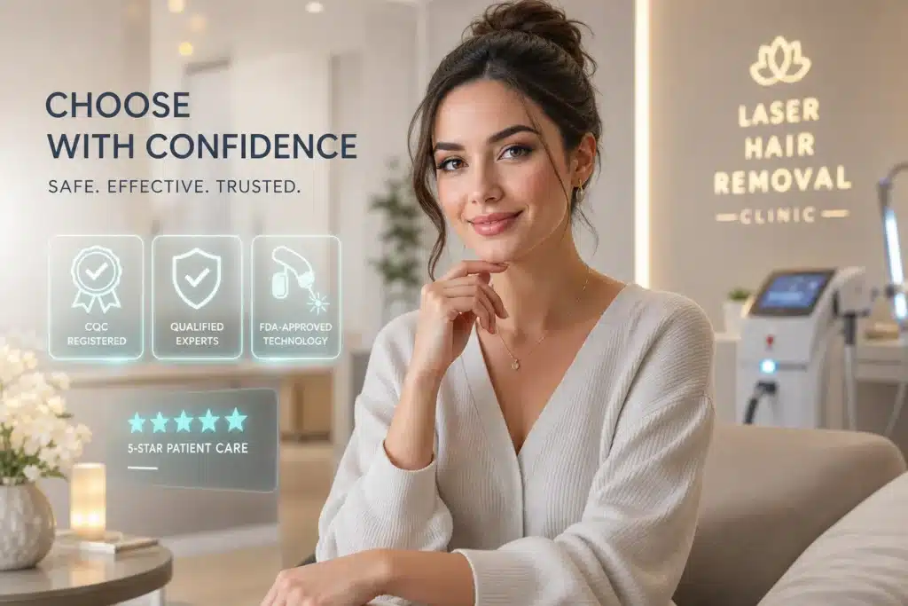 Confident woman sitting in a professional laser hair removal clinic, highlighting CQC registration, qualified experts, and FDA‑approved technology.
