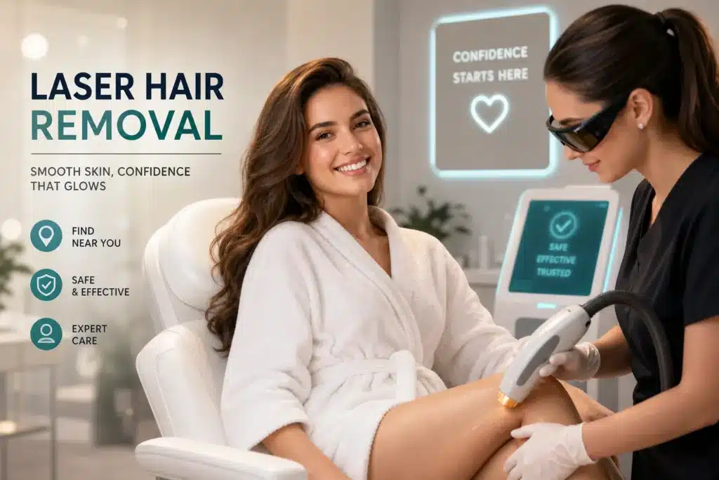 Professional laser hair removal treatment in progress at a modern clinic, showing a smiling woman receiving care from a qualified practitioner using advanced technology.