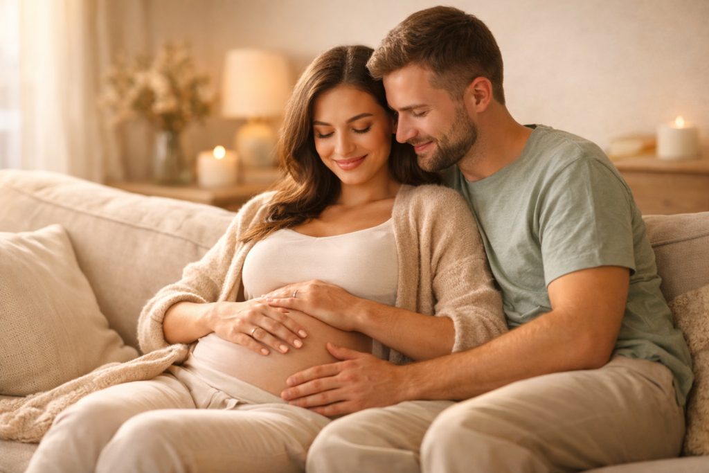 Pregnant woman and her partner sitting together on a beige sofa in warm natural light, smiling as they rest their hands on her belly, symbolising love, comfort, and family connection during pregnancy.