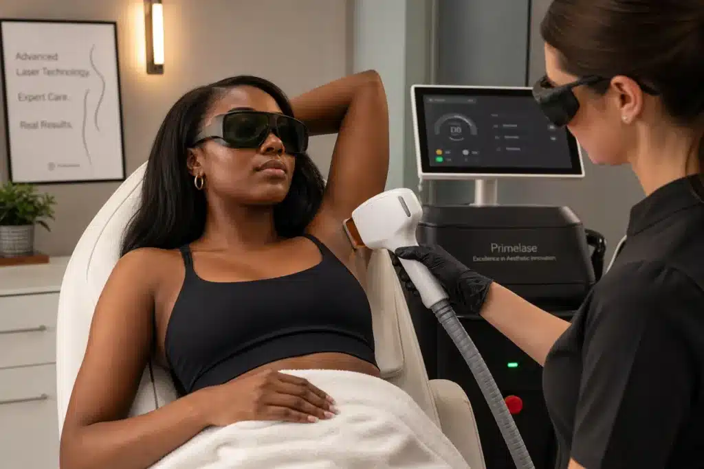 A woman wearing protective goggles receives an underarm laser hair removal treatment using a Primelase device operated by a clinician in a modern aesthetic clinic.