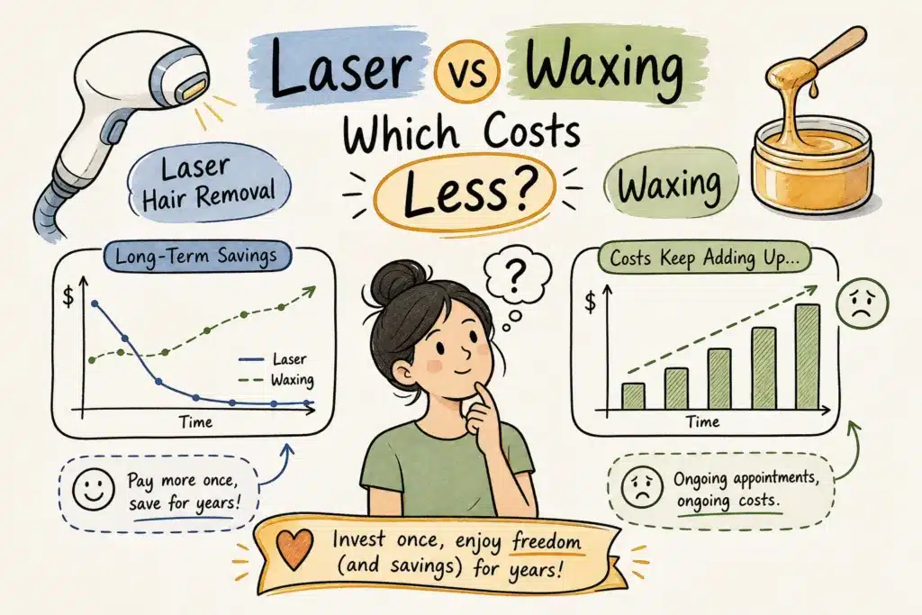 Illustrated infographic comparing laser hair removal and waxing costs over time, showing that laser offers greater long‑term savings and freedom from ongoing appointments.