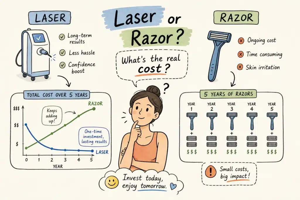 Illustrated infographic comparing laser hair removal and shaving costs over five years, showing laser as a one‑time investment and razors as an ongoing expense.