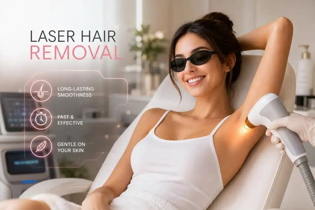 A smiling woman wearing protective goggles reclines comfortably in a modern clinic while receiving laser hair removal treatment on her underarm. A gloved practitioner holds a handheld laser device emitting a gentle light. Text on the left reads “Laser Hair Removal” with icons and phrases highlighting benefits: long-lasting smoothness, fast and effective, and gentle on your skin. The setting is bright, clean, and professional, emphasizing safety and comfort.