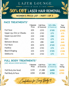 Lazer Lounge 50% off facial and full body laser hair removal prices showing six-session prices and savings.