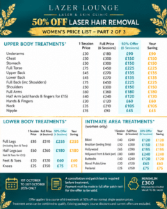 Women's laser hair removal prices at Lazer Lounge for underarms, legs, bikini, Hollywood and body treatments with 50% savings.