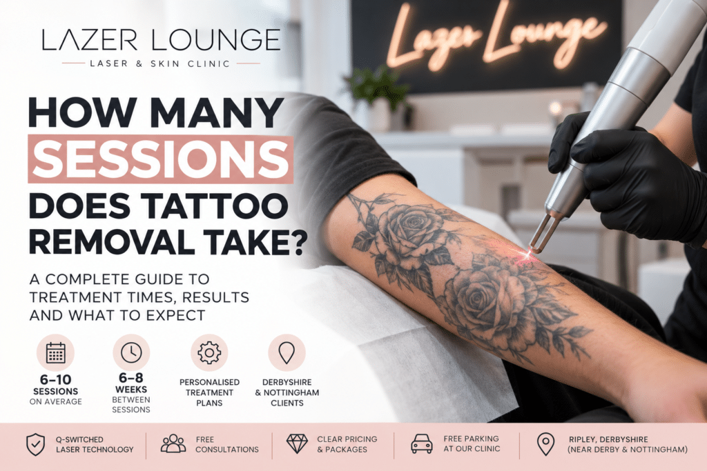 Laser tattoo removal treatment at Lazer Lounge in Ripley, Derbyshire, explaining how many sessions are needed to remove a tattoo.